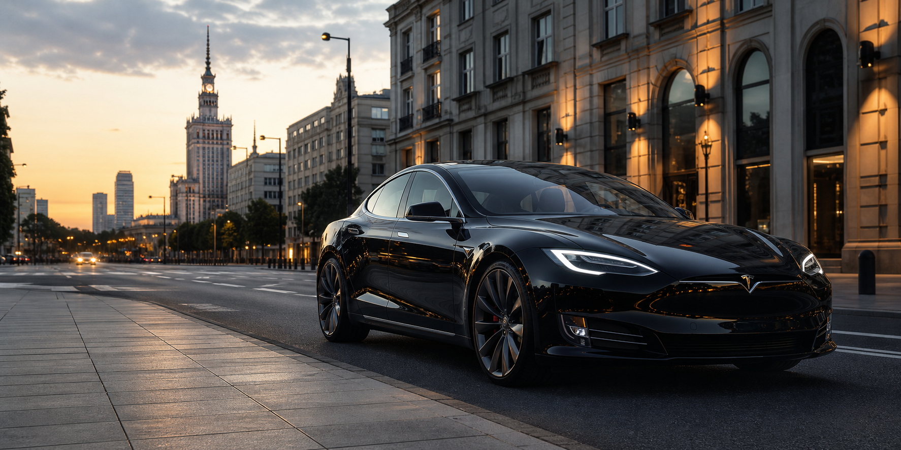 Czarna Tesla Model S na wieczornej ulicy Warszawy